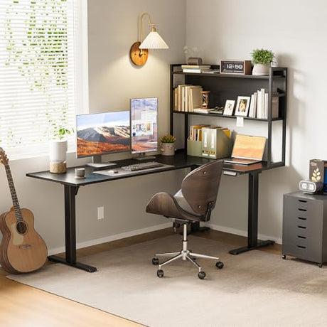 OffiGo L Shaped Electric Standing Desk, 63 Inch Reversible Corner Stand up Table with Hutch, Height Adjustable Ergonomic Large Lift Table for Home Office, Workstation, Black OffiGo