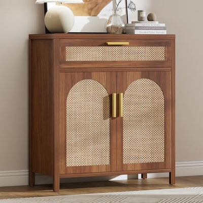 Curlaky Rattan Buffet Cabinet with Storage, Sideboard Cabinet with Doors and Shelves, Accent Coffee Bar with Drawers, Farmhouse Kitchen Storage Cabinets, Wood credenza for Entryway, Living Room Walnut