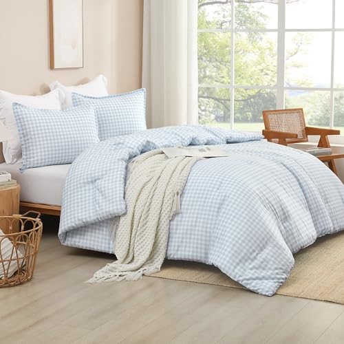 Andency Light Blue Gingham Comforter Set Full(79x90Inch), Checkered Grid Plaid Buffalo Bed Set for Girls Boys Kids Teens, 3 Pieces Lightweight Microfiber Geometric Preppy Bedding Andency
