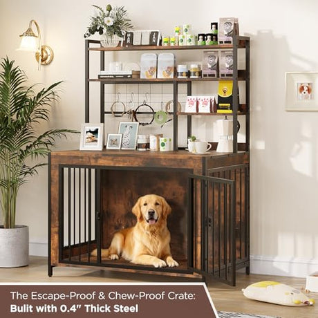 Halitaa 38.6" Dog Crate Furniture with Storage Shelves, Double Doors, Heavy Duty Dog Kennel Furniture for Large/Medium/Small Dogs, Wooden Dog Cage Pet House with Hooks, Rustic Brown Halitaa