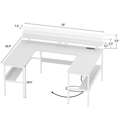 iSunirm Customizable U Shaped Desk, Reversible L Shaped Computer Desk with Adjustable Monitor Stand & Power Outlets & LED Strip Light, Large Office