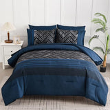 Luxudecor Navy Blue Comforter Set King Size, 7 Pieces Stripe Geometric Bed in a Bag, Soft Microfiber Navy Comforter and Sheet Set Complete Bedding Sets for All Seasons 104"×90" Luxudecor