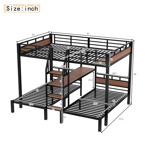 KEIKI Queen Over Twin Over Twin Metal Bunk Bed with Storage Shelves and Stairs, Triple Decker Bunk Bed Frame, Space Saving Heavy Duty Bed with Desk Shelf for Kids Teens Adults, Black KEIKI