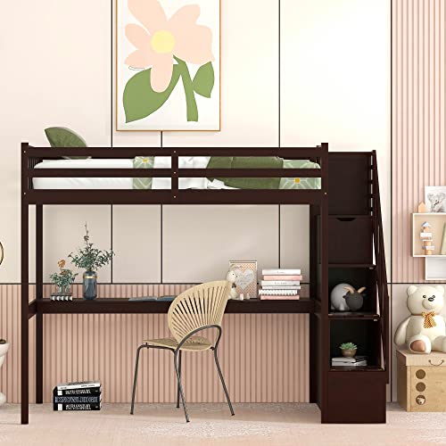 Espresso Twin Size Loft Bed with Storage Steps and Built-in Desk for Kids - WoodArtSupply