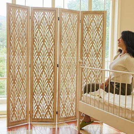 5.6Ft Room Divider Folding Wood Simple Carved Partition Screen for Home Office Garden - 4 Panels (Natural) Svimi