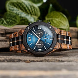 BOBO BIRD Men's Wooden Watch Sport Fashion Wristwatch Casual Chronograph Quartz Watches Men's Wood Stainless Steel Strap Watch with Date Display (Blue) BOBO BIRD