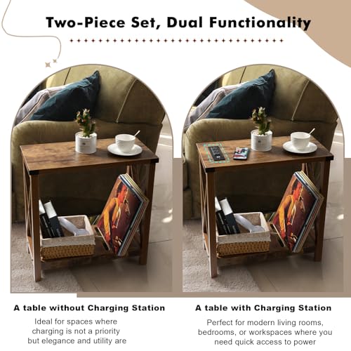 Hadulcet Farmhouse End Table Set of 2, Narrow Side Table with Charging Station, Slim Bedside Table for Small Space, Nightstand Sofa Table with Storage Shelf, Rustic Brown - WoodArtSupply