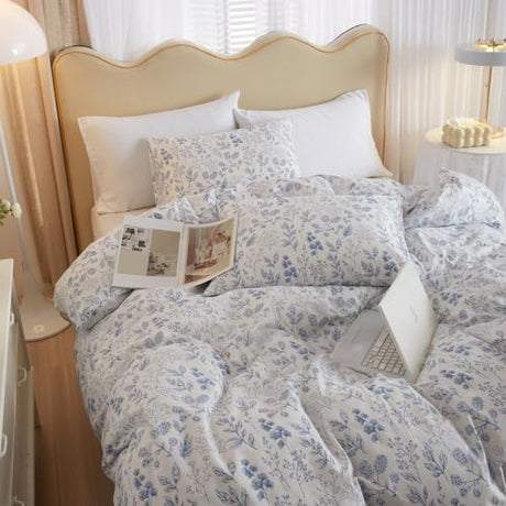 Queen Comforter Set White Blue Floral Bedding Comforter Set Queen Vintage Style Garden Floral Comforter Set for Girls Botanical Flower Comforter Set for All Seasons 1 Boho Comforter with 2 Pillowcases LifeTB