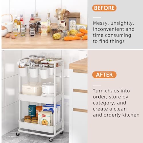 JIUYOTREE 3-Tier Plastic Rolling Storage Cart Utility Cart with Extra Hanging Cups Handles Lockable Wheels for Living Room Bathroom Kitchen Office White JIUYOTREE