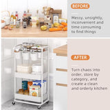 JIUYOTREE 3-Tier Plastic Rolling Storage Cart Utility Cart with Extra Hanging Cups Handles Lockable Wheels for Living Room Bathroom Kitchen Office White JIUYOTREE