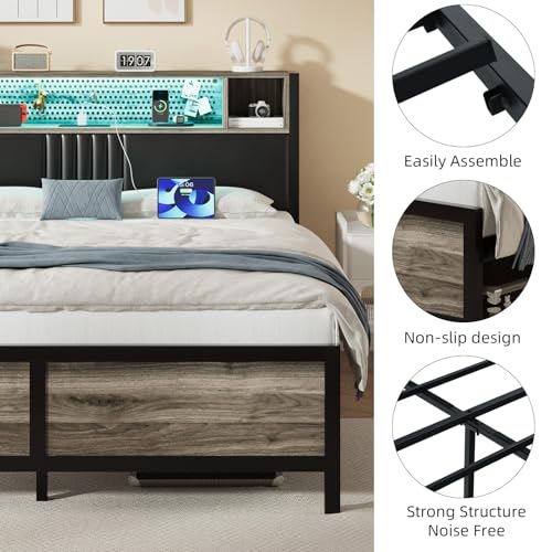 Full Size Bed Frame with LED Light and Charging Station, Full Size Platform Bed Frame with Strong Metal Slat Support, Upholstered Headboard, No Box Spring Needed, Noise-Free, Easy Assembly, Wash Grey IMMERSTABLE