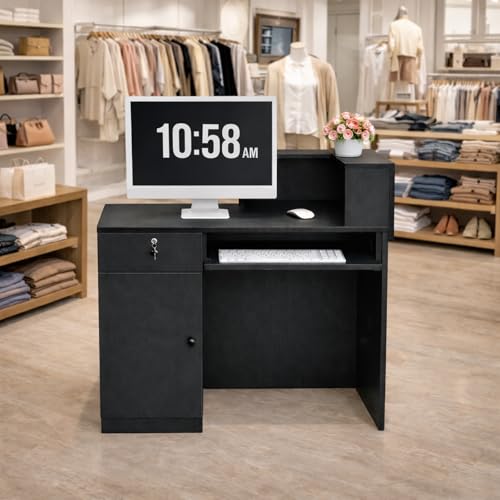 GRGECXZ Modern Reception Desk with Storage Drawer & Counter Shelf, 39.4" Front Counter Reception Table for Office, Salon, Lobby, Retail Store (Black, Right Table) GRGECXZ