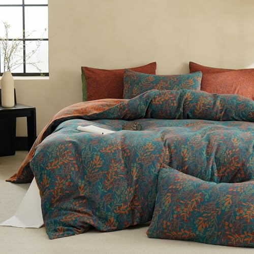 BISELINA 100% Cotton Muslin Duvet Cover Set Queen, 3 Pcs Yarn-Dyed Jacquard Textured Reversible Floral Design, Soft and Breathable Bedding Set with Zipper Closure, Blue Orange BISELINA