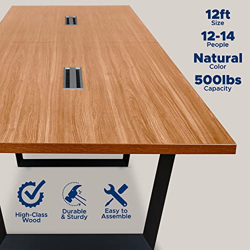 ahliss Sturdy Conference Table with Cable Management Grommets Modern Rectangle Office Meeting Table with Wood Tabletop and Metal Frame & Legs- Easy Assembly Boardroom Table (Natural, 12 foot) ahliss