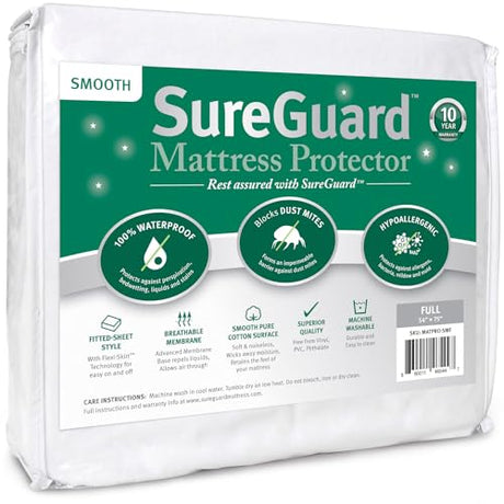 SureGuard Full Size Mattress Protector - 100% Waterproof, Hypoallergenic - Premium Fitted Cotton Cover - Smooth SureGuard Mattress Protectors