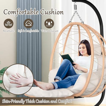 Slendor Egg Chair with Stand & Leg Rest, Rattan Wicker Swing Chair with UV Resistant Cushion and Pillow, for Indoor Outdoor Bedroom Patio Hanging Basket Chair 370lbs Capacity