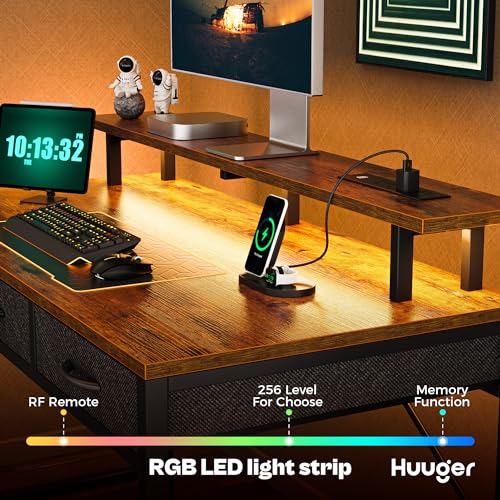 Huuger 55 inch Computer Desk with 3 Drawers, Office Desk Gaming Desk with LED Lights & Power Outlets, Home Office Desks with Storage Space for Bedroom, Work from Home, Rustic Brown - WoodArtSupply