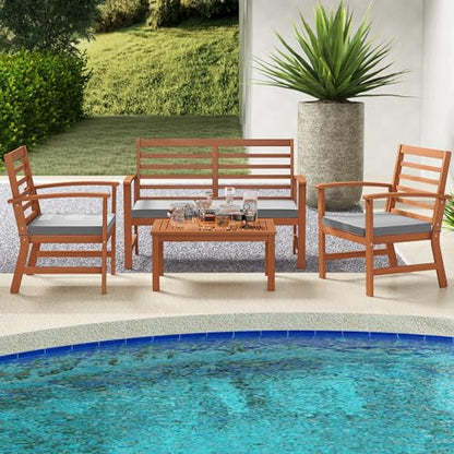 Tangkula 4 Pieces Outdoor Furniture Set, Acacia Wood Conversation Set w/Soft Seat Cushions, Stable Acacia Wood Frame, Patio Sofa & Coffee Table Set for Backyard, Porch, Poolside (Grey) - WoodArtSupply