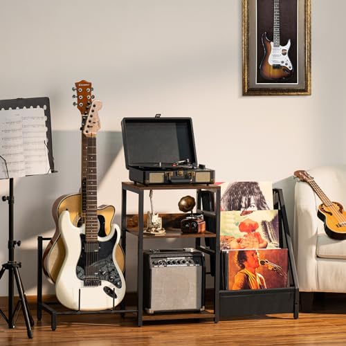 LELELINKY Record Player Stand, Adjustable Guitar Stand for Acoustic Guitar, Electric Guitar, Bass, Turntable Stand with Vinyl Display Shelf Storage Up to 150 Albums,Brown End Table for Music Room LELELINKY