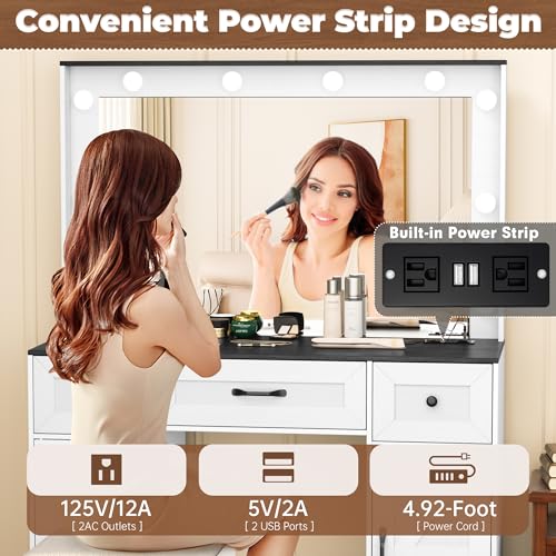 INTERGREAT 57" Makeup Vanity Desk with Large Mirror and 10 LED Lights,Dressing Table with Power Outlet & 5 Drawers,3 Lighting Color Adjustable,Vanity Desk for Girls,White INTERGREAT