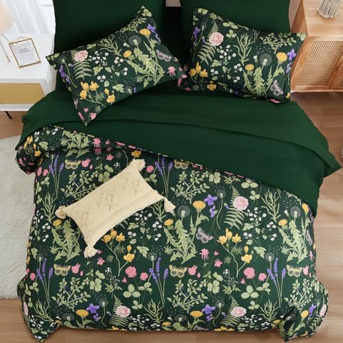 Yiran King Size Comforter Set 7 Piece, Dark Green Floral Bedding Set, Bed in a Bag King with Botanical Flowers Pattern, Soft Microfiber Complete Bedding Set with Sheets for All Season Yiran