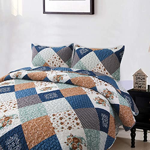 Dinjoy Reversible Patchwork Quilt Bedding Set King Size Blue Green Grey Plaid Floral Pattern Bedspread Set Soft Microfiber Coverlets Bed Set 3 Pieces Fall Autumn All Season Use Dinjoy