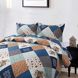 Dinjoy Reversible Patchwork Quilt Bedding Set King Size Blue Green Grey Plaid Floral Pattern Bedspread Set Soft Microfiber Coverlets Bed Set 3 Pieces Fall Autumn All Season Use Dinjoy