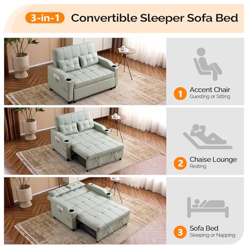 VINGLI Light Green Futon Sofa Bed Convertible Loveseat Sleeper Couch, Faux Leather Pullout Sofa Fold Out Couch Bed with USB Ports, Cup Holders, Armrest for Living Room, Bedroom Apartment Room VINGLI