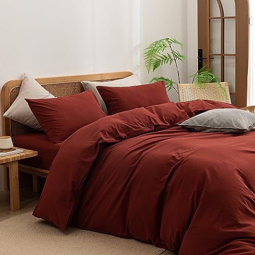 BESTOUCH Duvet Cover Set 100% Washed Cotton Linen Feel Super Soft Comfortable Chic Lightweight 3 PCs Home Bedding Set Solid Fired Brick Red Full/Double BESTOUCH