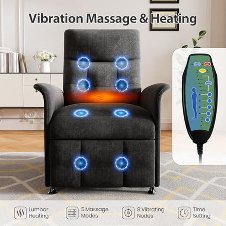 LegacyAmerhome Power Recliner Chair for Adults with Heat & Massage - Soft Fabric Electric Reclining Sofa with Remote Control, 3 Side Pockets, 180° Lay Sleeper for Living Room Home Theater, Black LegacyAmerhome