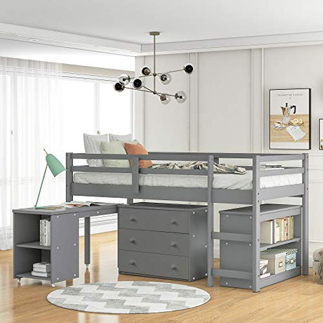 Harper & Bright Designs Kids Low Loft Bed with Rolling Desk and Storage Cabinet, Twin Size Wood Loft Bed Frame with Bookshelf (Grey, Twin) Harper & Bright Designs