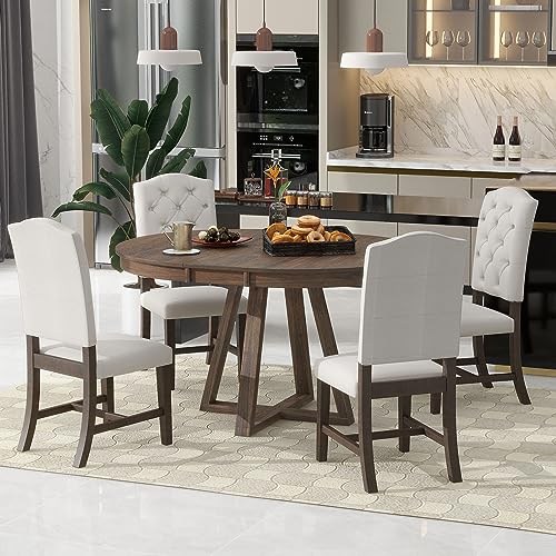 Merax 5-Piece Extendable Round Dining Table Set with a 16" W Leaf & 4 Upholstered Chairs, Retro Style Kitchen Dining Table for Dining Room, Kitchen Furniture Set for Family (Walnut)