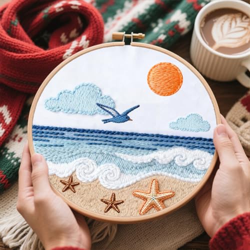FREEBLOSS 4 Set Embroidery Kit for Beginners Adult Beach Stamped Embroidery Starter Kit with Instructions Needlepoint Accessories and Supplies for Craft Lover Hand Stitch, 2 Hoops 11.6"/29.5cm