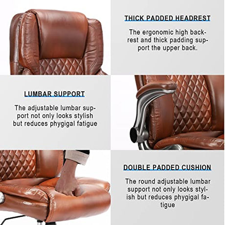 REFICCER Brown Leather Office Chair with Flip up Arms, High Back Ergonomic Executive Office Chairs with Wheels, 90-120° Rocking Office Desk Chair with Lumbar Support, Swivel Task Chairs REFICCER