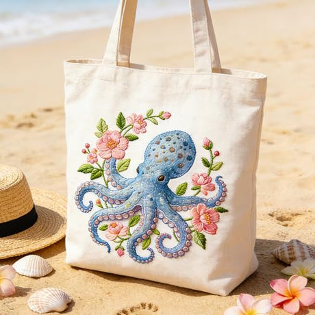BEUNITONE 4 Pack Beginner Embroidery Kit for Adults, Mysterious Marine Animals Flowers Pre-Stamped Pattern Needlepoint Kits with Hoop & Instruction, Hand Embroidery Kits for Fabric and Home Decor BEUNITONE