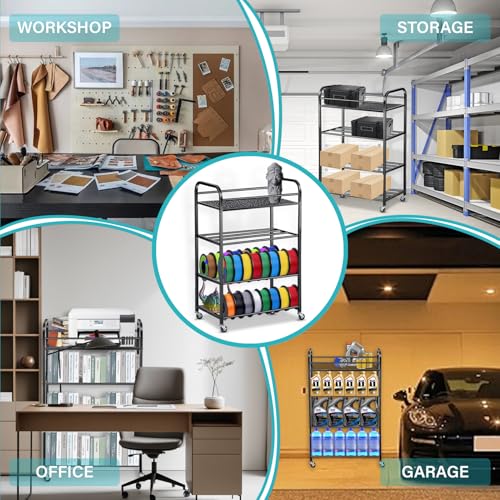 Filament Rack 3D Printer Filament Storage Rack 4-layer Large Capacity Adjustable Filament Spool Holder Printer Stand with Rolling Wheels Heavy-duty Metal Frame for PLA TPU Filament Holder for Studio Bhyhok