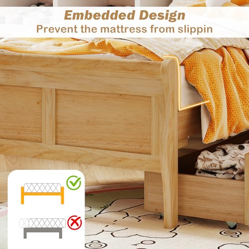 Giantex Twin Bed with 2 Storage Drawers, Wood Platform Bed with Headboard & Footboard, Wooden Slats Support Mattress Foundation, Twin Bed Frames for Kids Teens Adults, No Box Spring Needed (Natural) Giantex