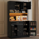 FJTJBSI 72" Kitchen Pantry Cabinet with LED Light and Charging Station Tall Pantry Storage Cabinet with Adjustable Shelves and Door Shelves Modern Kitchen Hutch with Countertop Black FJTJBSI