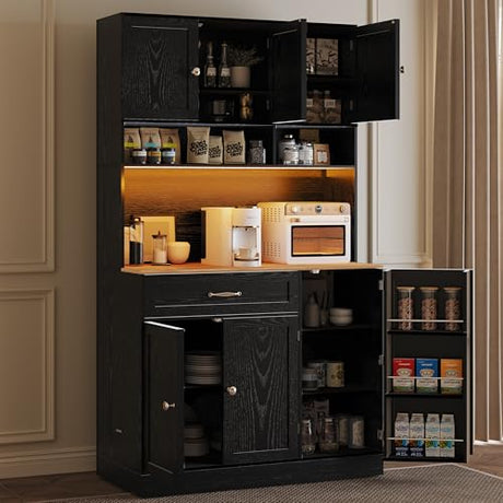 FJTJBSI 72" Kitchen Pantry Cabinet with LED Light and Charging Station Tall Pantry Storage Cabinet with Adjustable Shelves and Door Shelves Modern Kitchen Hutch with Countertop Black FJTJBSI