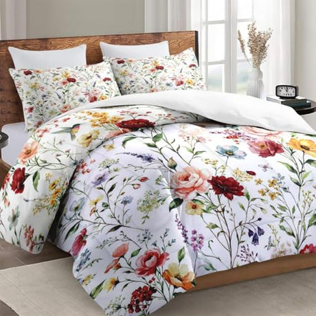 WeCozy Queen Size Comforter Set with 2 Pillowcases, Wildflower Flower Floral 3 Pcs Bedding for Kids and Adults, Boho Watercolor Butterfly Soft Comforter Set for Bedroom Bed Decor WeCozy