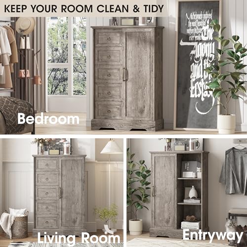 Vabches Farmhouse Dresser Storage Cabinet Chest of Drawer for Bedroom, 5 Drawer Dresser with Sliding Barn Door, 48" Tall Wood Rustic Dresser for Bedroom, Living Room, Entryway, Hallway, Washed Grey Vabches