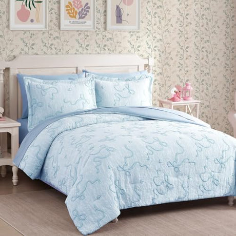 Geniospin Light Blue Full Comforter Set for Girls- 7 Pieces Bowknot Jacquard Bed in A Bag Full Bedding Sets with Sheets, Pillowcases & Shams, All Season Kids Comforter Set Geniospin