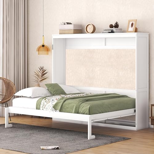 Ball & Cast Queen Size Murphy Bed,Hideaway Beds with Dual Piston Metal Folding Mechanism Designed,Wood Wall Cabinets Bedframe w/Slat Support and Storage Platform Top,Hardware Chain,for Apartment,White Ball & Cast