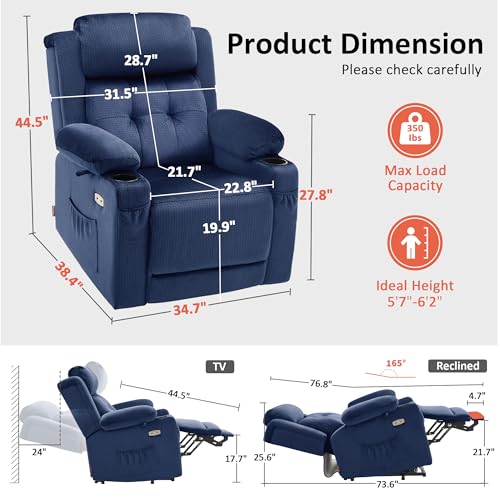 MCombo Lay Flat Triple Motor Power Lift Recliner Chair with Massage and Heat, Electric Recliner Chair for Elderly People, Adjustable Headrest, Infinite Position, Fabric 7662 (Navy Blue, Large)