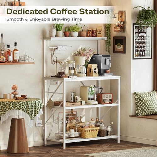 Huuger 4-Tier Bakers Rack with Reversible Power Outlet, 31.5 Inch Microwave Stand, Kitchen Coffee Bar, with Top Shelf, 6 S Hooks, White