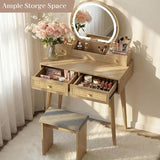 Brafab Small Vanity Desk with Stool for Bedroom, Boho Rattan Compact Makeup Vanity Table with 3 Modes Adjustable LED Mirror, 31" Space Saving Dressing Table Vanity Set, Natural Wood Brafab