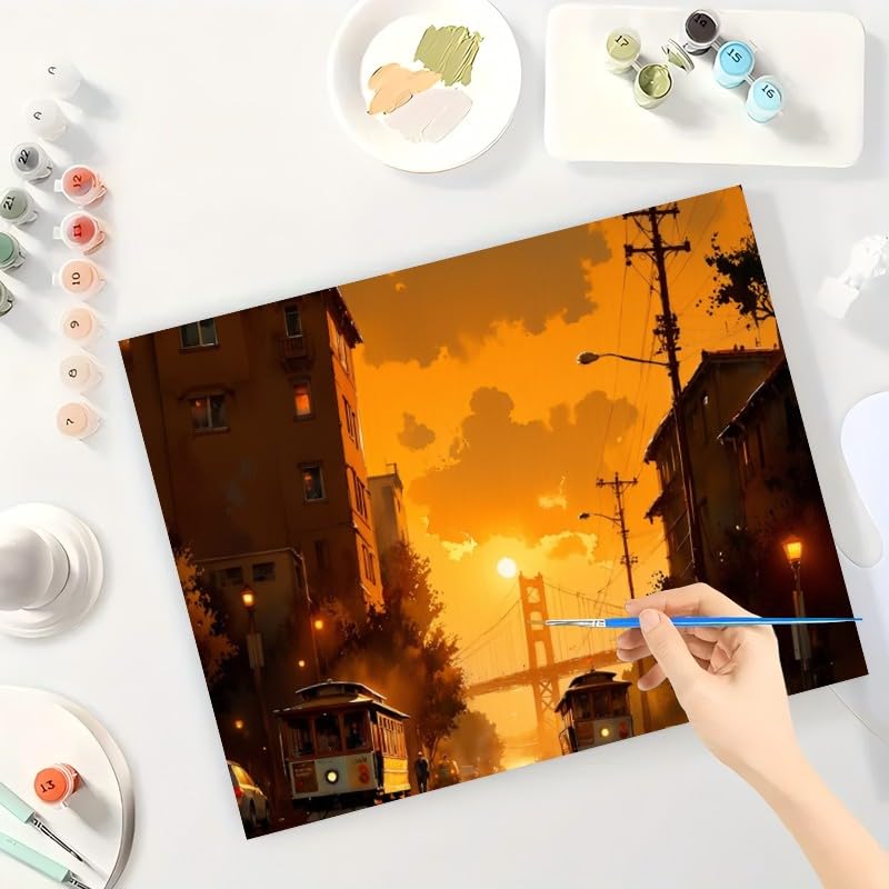 TAOPAOLAB Cityscape Paint by Numbers Kit for Adults - DIY San Francisco Cable Cars and Golden Gate Bridge Sunset Painting on Canvas 16x20 Inches,Acrylic Paint Set,Suitable for Beginners,Art for Decor TAOPAOLAB