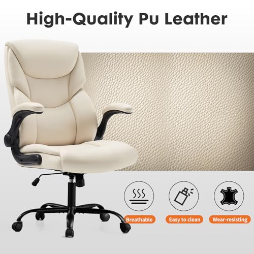 DUMOS PU Leather Office Chair - Ergonomic Executive Computer Desk Chairs with Adjustable Flip-up Armrest, Swivel Task Chair with Lumbar Support, Strong Metal Base, Cream White DUMOS