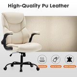 DUMOS PU Leather Office Chair - Ergonomic Executive Computer Desk Chairs with Adjustable Flip-up Armrest, Swivel Task Chair with Lumbar Support, Strong Metal Base, Cream White DUMOS