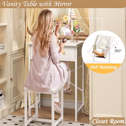 X-cosrack Small Makeup Vanity Desk with Mirror & Chair, Mini Vanity Desk Table Set with Fabric Storage Drawer, 19.7" Compact Vanity Desk for Girls, Dressing Table with Chair for Bedroom, White X-cosrack